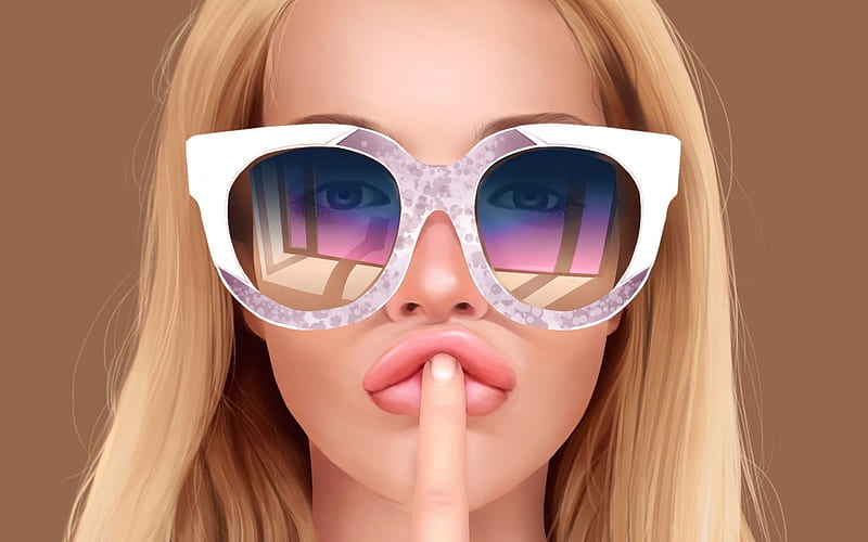 Shhh, luminos, blonde, sunglasses, fantasy, girl, summer, rendering, face, pink, HD wallpaper