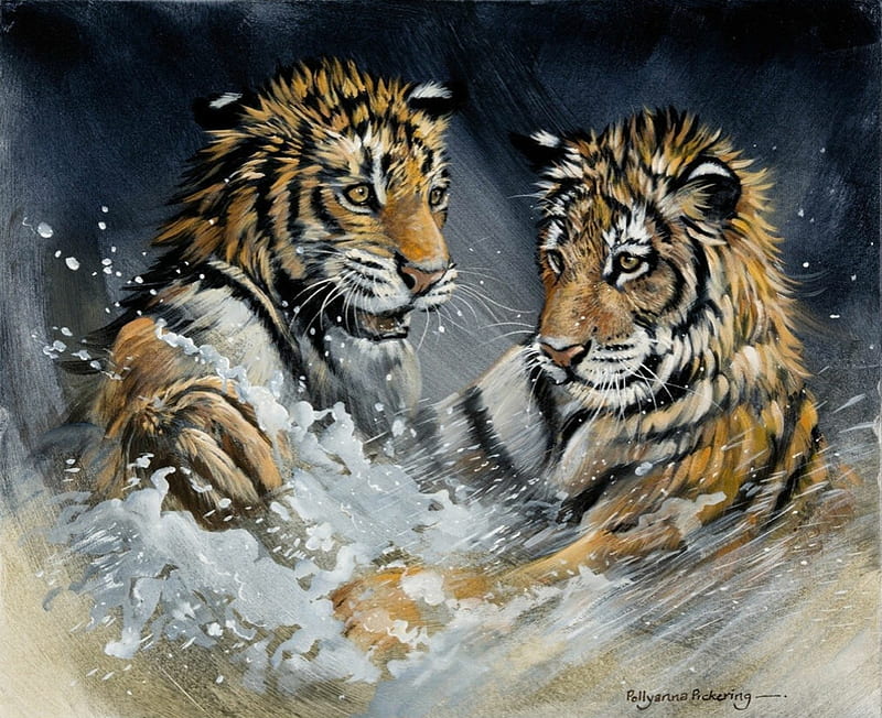 Playful tiger cubs, art, water, painting, polyanna pickering, cub, tiger, pictura, couple, HD wallpaper