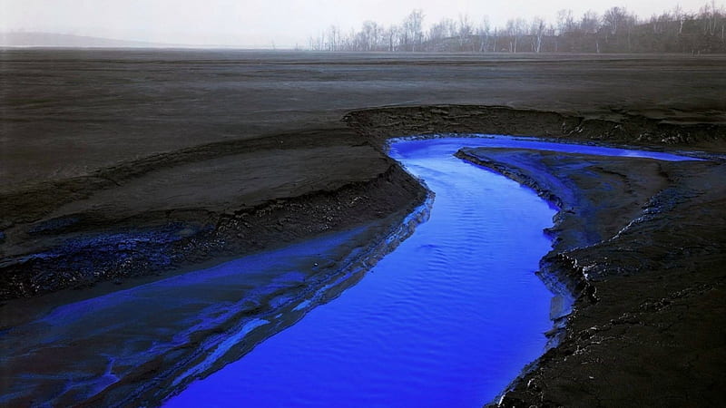 blue creek in a lava field, lava, black, creek, field, blue, HD wallpaper