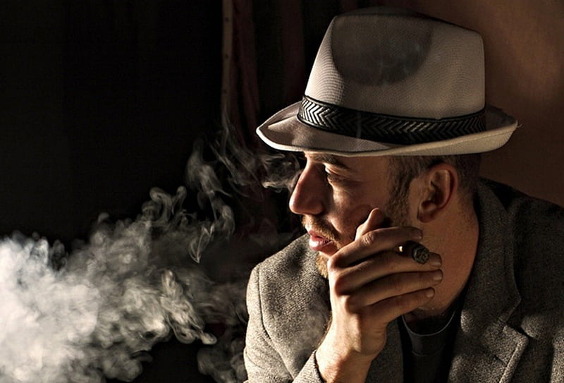 portrait, graphy, smoking, man, bowler, man bowler hat, hat, HD wallpaper