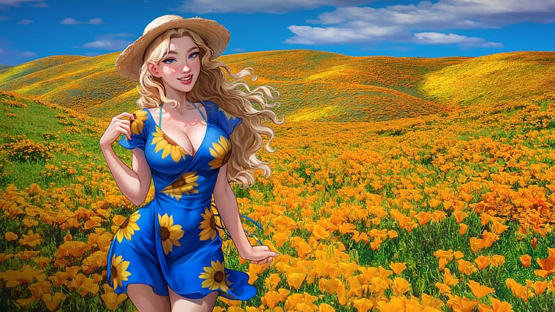 Anime Model at Antelope Valley, California, anime, hat, usa, flowers, blonde, dress, HD wallpaper
