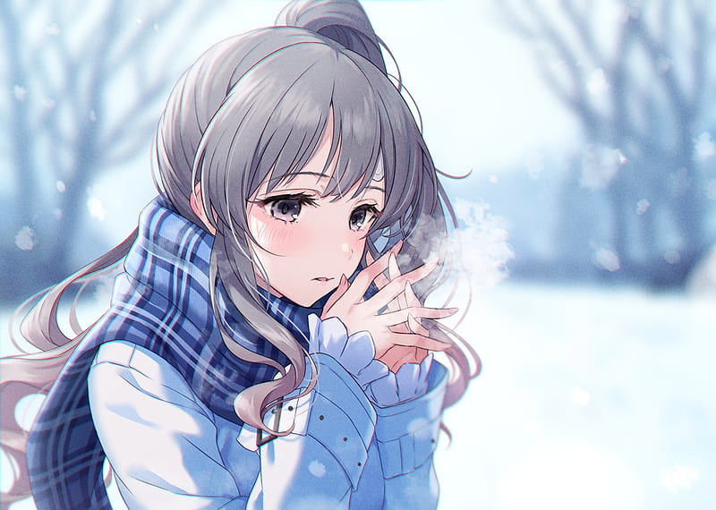 yuukoku kiriko, the idolmaster shiny colors, winter, blue scarf, trees, snow, Anime, HD wallpaper