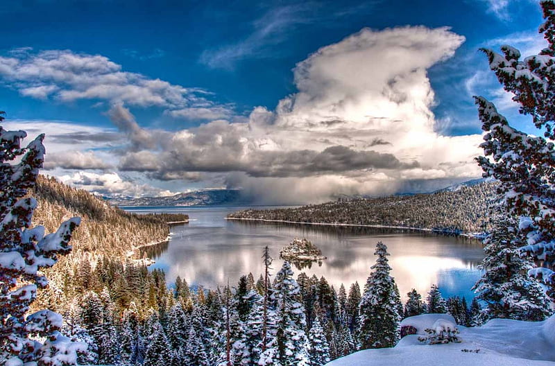 Emerald Bay, Lake Tahoe, snow, trees, clouds, storm, winter, HD wallpaper