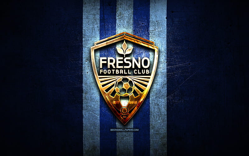 Fresno FC, golden logo, USL, blue metal background, american soccer club, United Soccer League, Fresno logo, soccer, USA, HD wallpaper