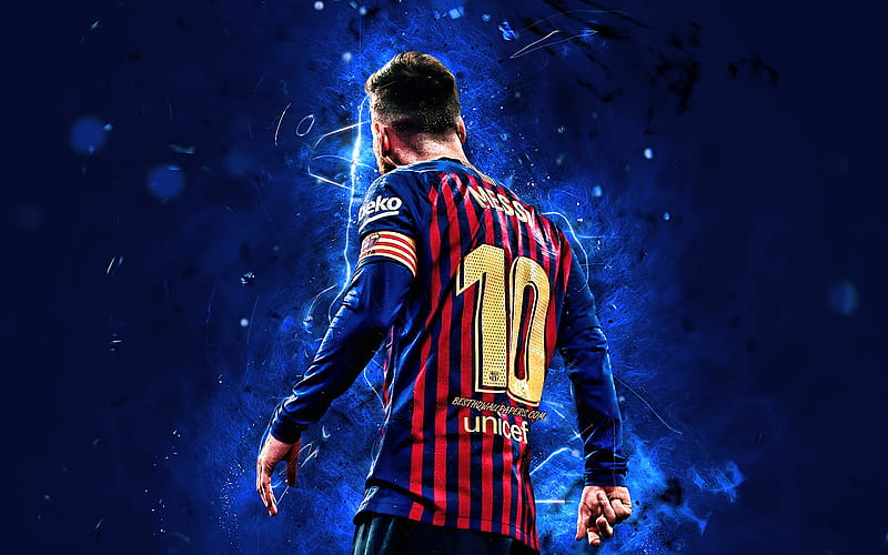 Lionel Messi, back view, Barcelona FC, close-up, argentinian footballers, goal, La Liga, Messi, Leo Messi, neon lights, FCB, LaLiga, Spain, Barca, soccer, football stars, HD wallpaper
