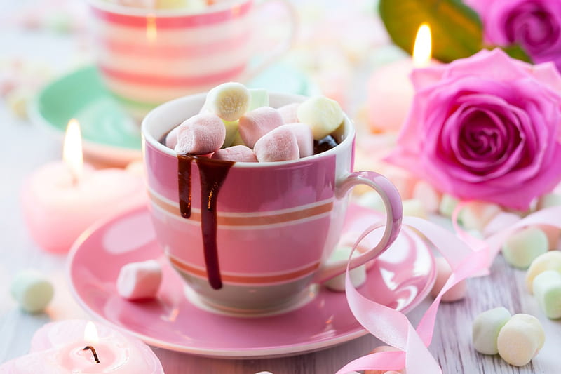 Hot Chocolate And Marshmallow, dish, rose, marshmallows, ribbon, love, cup, hot chololate, candles, HD wallpaper