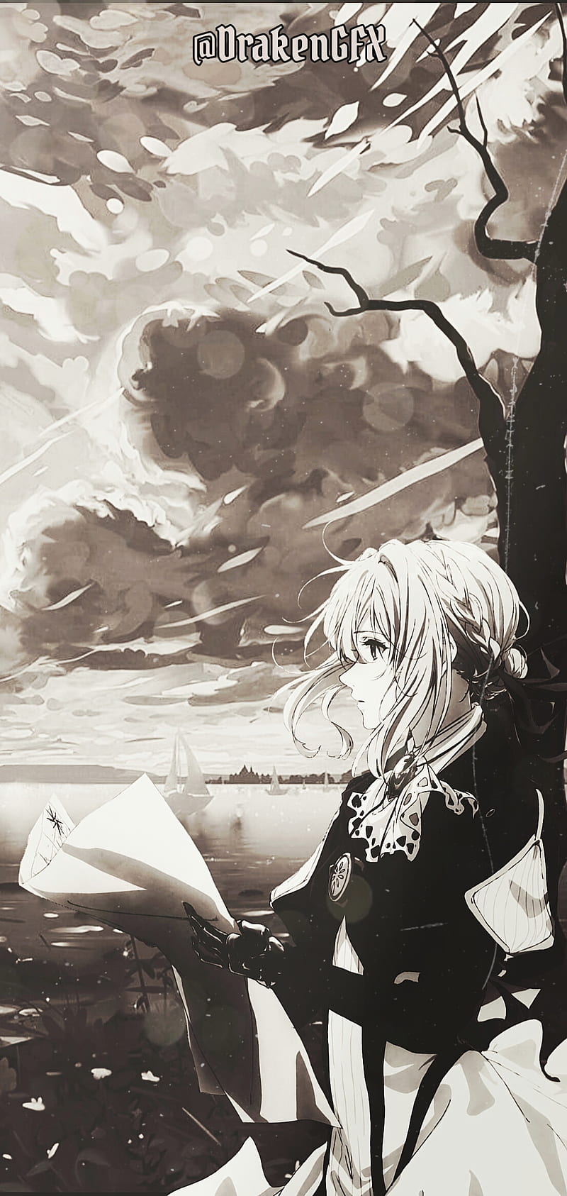 Violet Evergarden, Sky, Meadow, Cool , Landscape, Android backgrounds, Cool backgrounds, Gilbert, Iphone, iPhone , Romance, Anime, B&W, Android , Anime girl, black and white, Manga, iPhone backgrounds, HD phone wallpaper