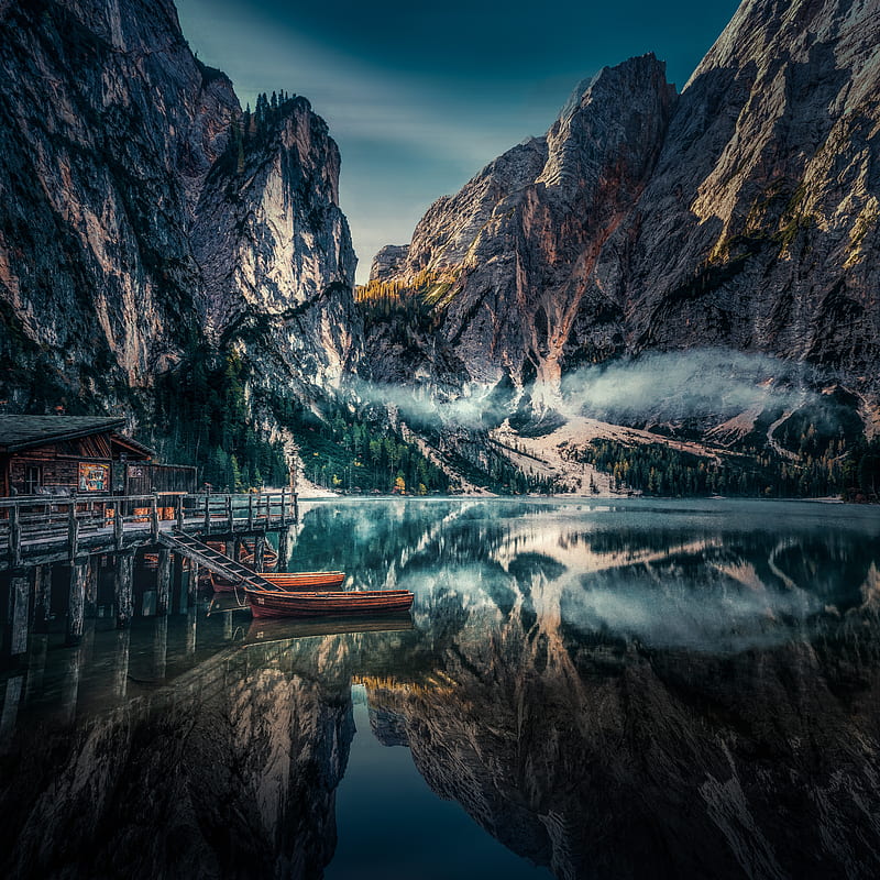 moutain, lake, reflection, landscape, nature, boat, HD phone wallpaper