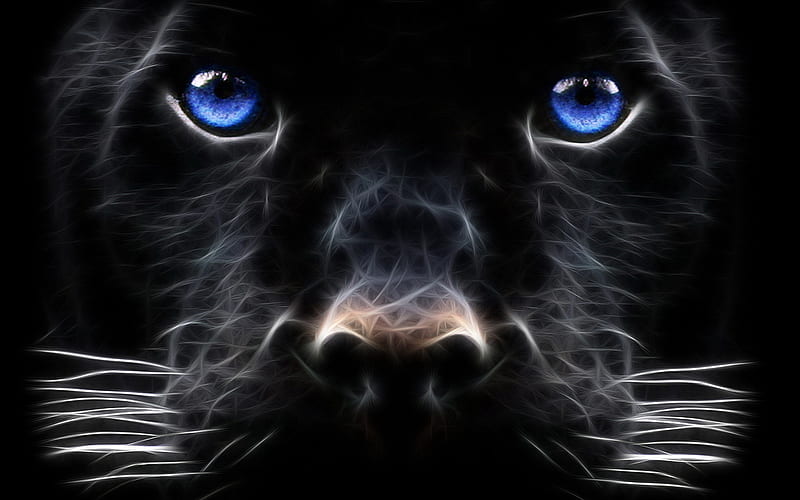 Black fury, beauty, feline, panther, fractal, HD wallpaper