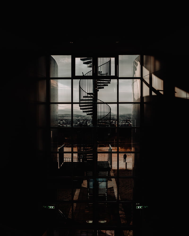 staircase, spiral, architecture, dark, room, window, HD phone wallpaper
