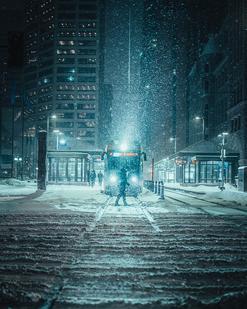 snowfall, night, city, transport, winter, HD phone wallpaper