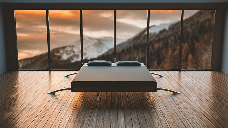 Black Mattress in Front of a Large Window Behind a Mountain, HD wallpaper