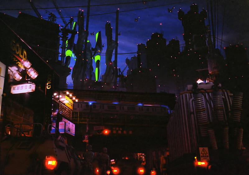 Neon Genesis Evangelion, city, nge, dark, neon, lights, evangelion, HD wallpaper