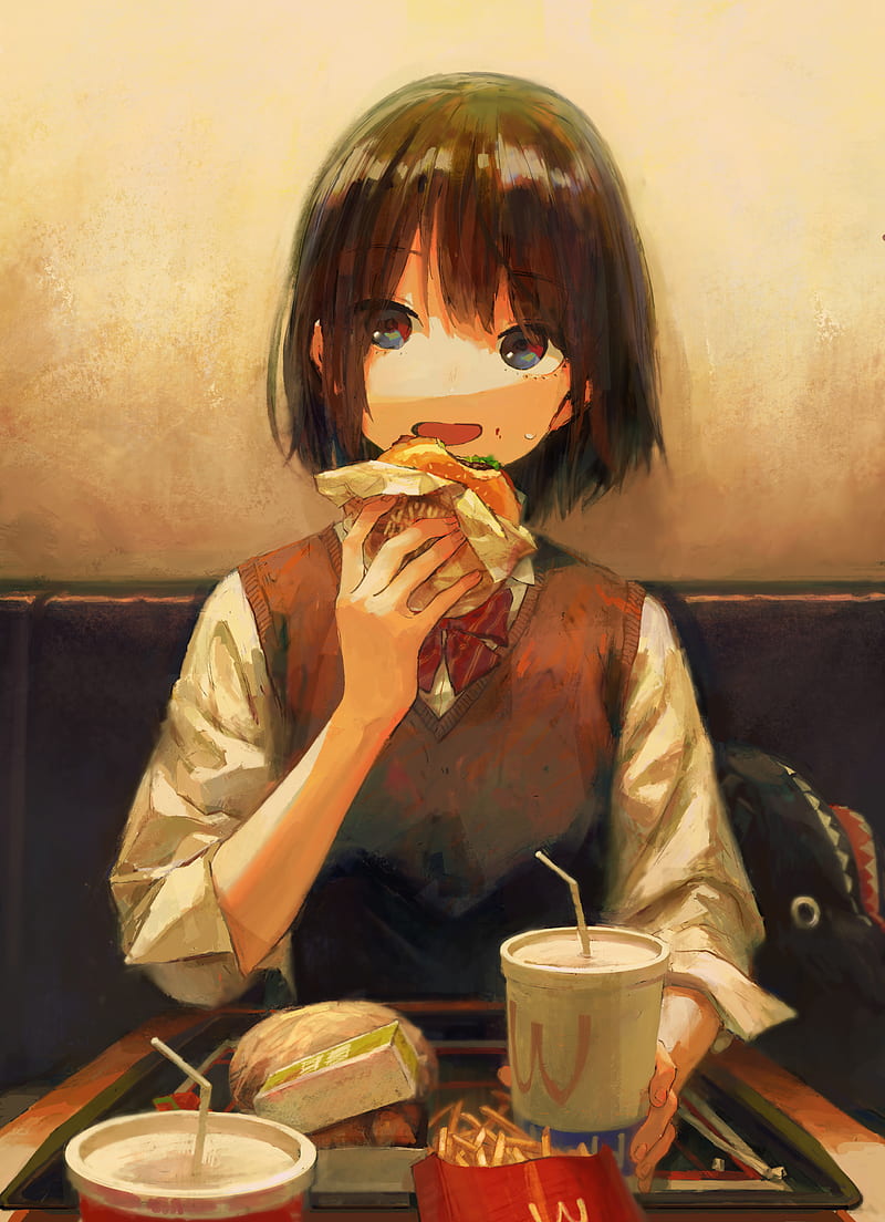 mcdonalds, anime girl, hamburger, fries, short hair, Anime, HD phone wallpaper