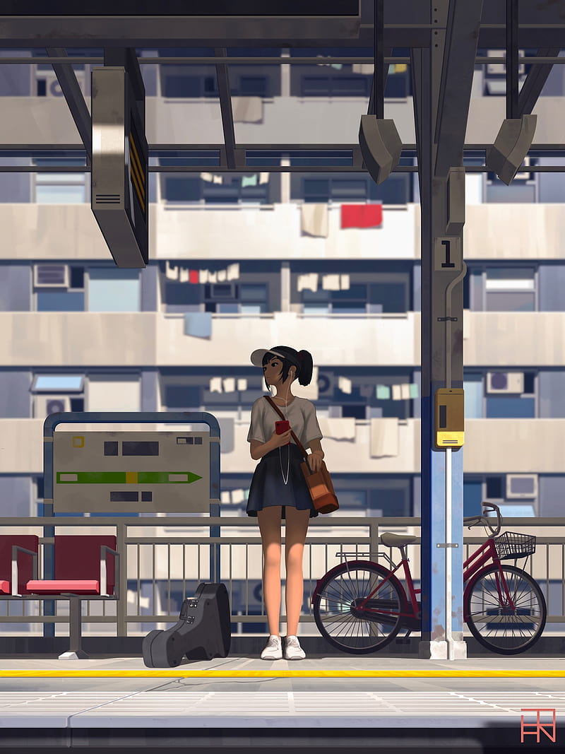 girl, platform, station, art, HD phone wallpaper