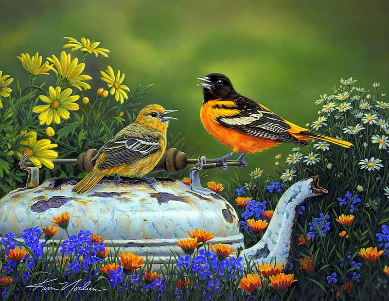 ★Tea Time in Garden★, pretty, lovely, colors, love four seasons, birds, bonito, spring, creative pre-made, cute, paintings, tea time, flowers, gardens, nature, beloved valentines, animals, HD wallpaper