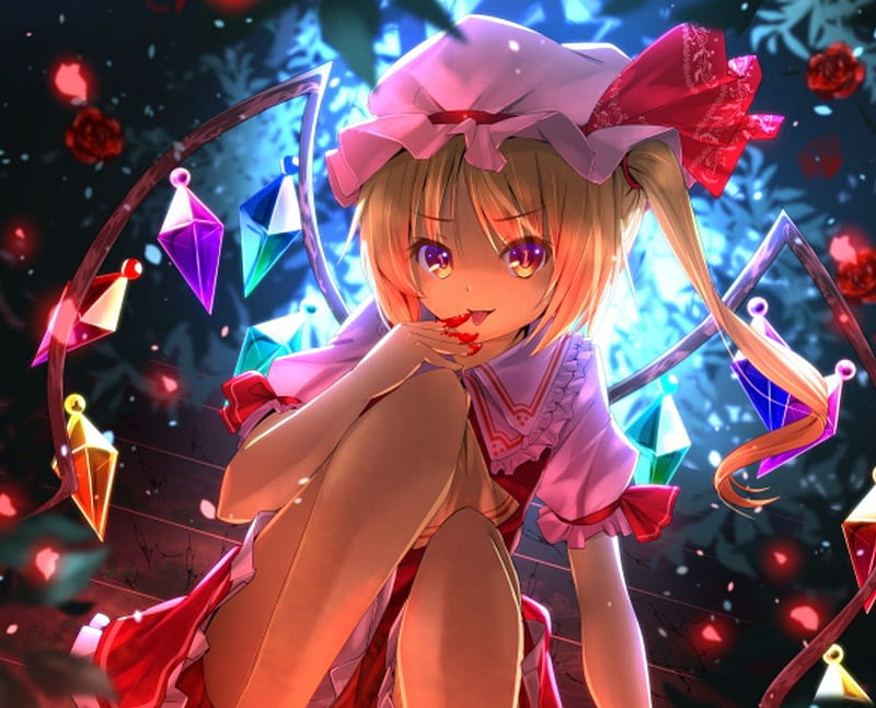 Thirst for Blood, blond, evil, wing, remilia scarlet, scare, anime, darkness, touhou, gloomy, scary, hot, anime girl, fairy, female, wings, blonde, gloom, blonde hair, sexy, blood, blond hair, short hair, cute, girl, dark, sinister, HD wallpaper