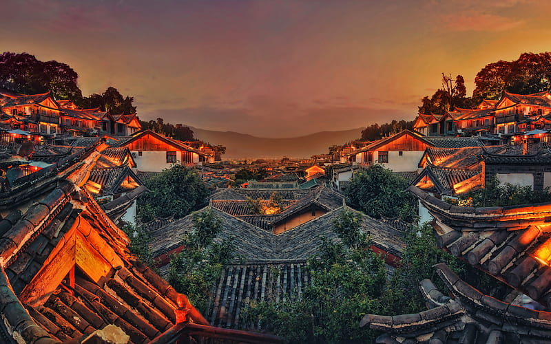 Chinese village sunset, cityscapes, asian village, China, Asia, HD wallpaper