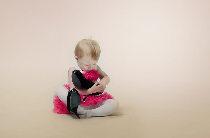Wearing Mama's Shoes, cute, little, girl, wearing, heels, pink dress, baby, shoes, HD wallpaper