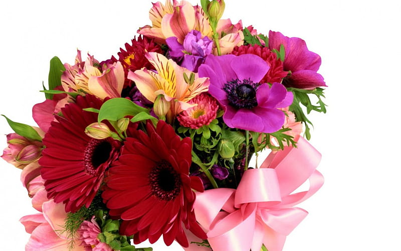 Beautiful Bouquet-5, red, ribbon, lilies, purple, bouquet, gerbera, flowers, nature, pink, iris, HD wallpaper