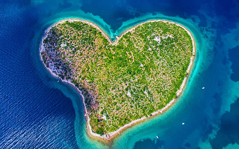 Cupid Island, aerial view, Galesnjak, heart-shaped island, croatian landmarks, Croatia, Europe, beautiful nature, Adriatic Sea, HD wallpaper