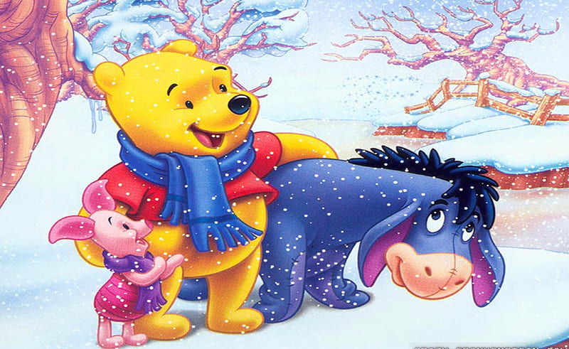 Winnie And Friends In Winter, Eeyore, Winnie, Pooh, Friends, Snow, Piglet, Winter, HD wallpaper