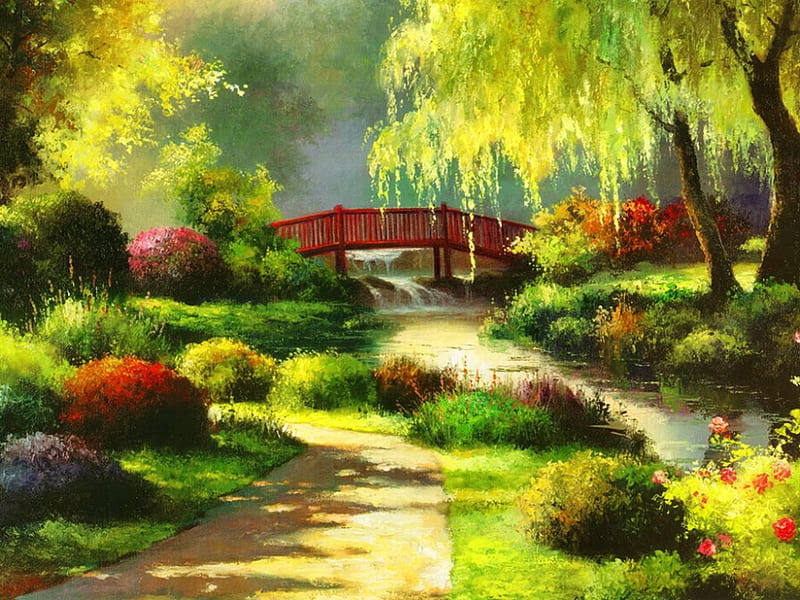 Park bridge, pretty, sunny, bonito, calm, willow, bridge, painting, river, art, forest, lovely, park, creek, alleys, serenity, summer, garden, walk, HD wallpaper