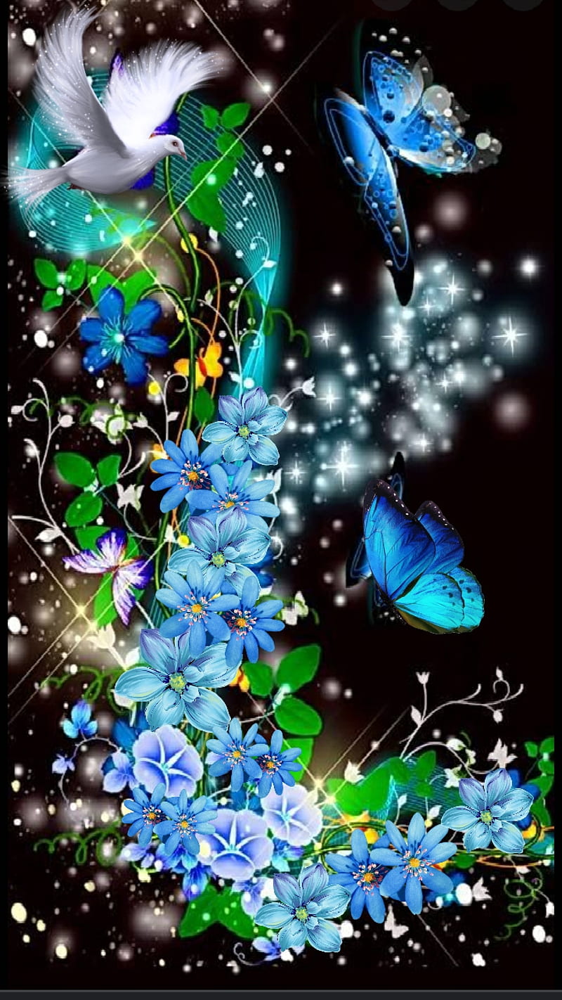 Flight Night, blue, butterfly, colorful, flowers, mercury, moon, neon, sparkles, super, HD phone wallpaper
