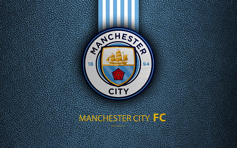 Manchester City FC, FC English football club, leather texture, Premier League, logo, emblem, Gorton, Manchester, England, UK, football, HD wallpaper