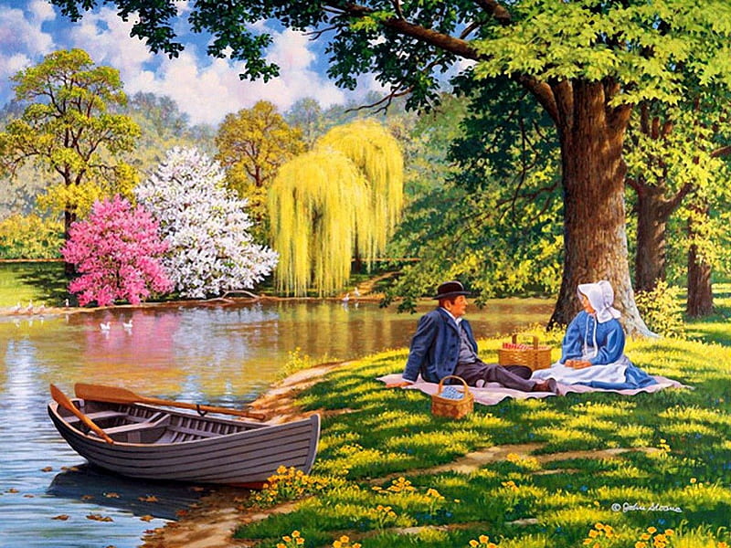 A time to remember, grass, bonito, woman, picnic, mirrored, nice, calm, boat, people, painting, flowers, river, reflection, art, rest, calmness, lovely, relax, man, lake, tree, tranquil, serenity, blossoms, blooming, HD wallpaper