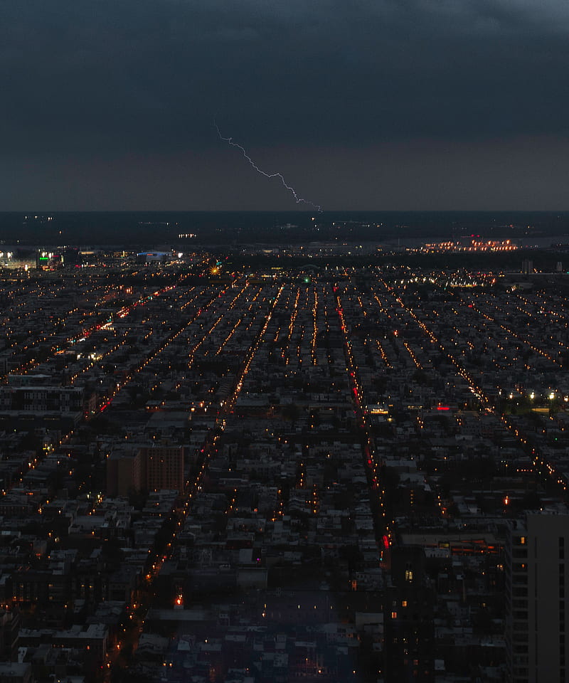 night city, lightning, lights, horizon, HD phone wallpaper