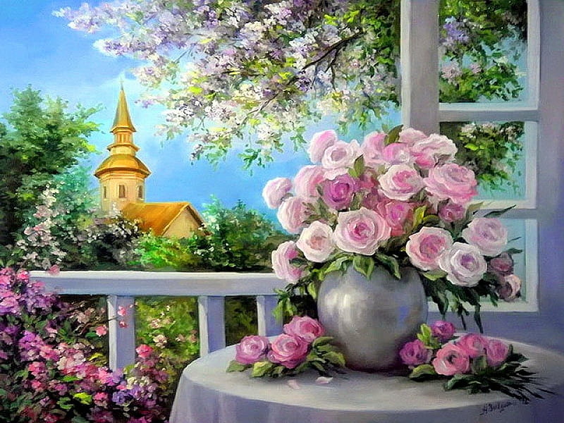 Spring bouquet in the window, fence, pretty, house, home, vase, bonito, countryside, still life, nice, painting, room, tender, pink, art, lovely, window, view, fresh, spring, church, delicate, roses, trees, freshness, terrace, bouquet, nature, branches, HD wallpaper