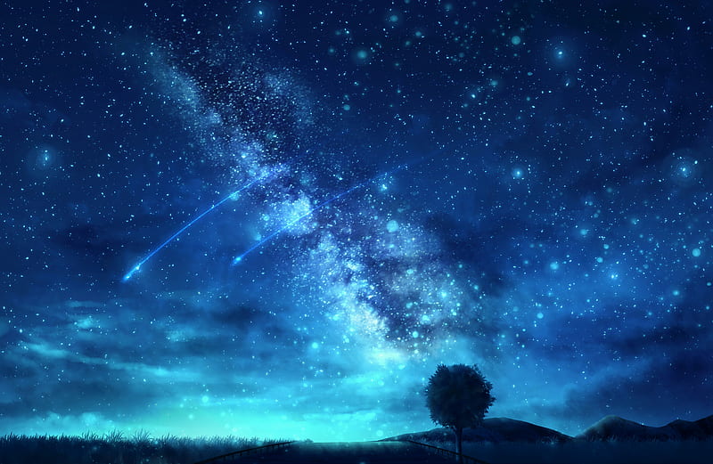 tree, starry sky, space, art, HD wallpaper