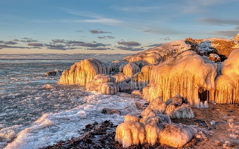 Icy Coast, ice, rocks, Latvia, clouds, beach, sea, HD wallpaper