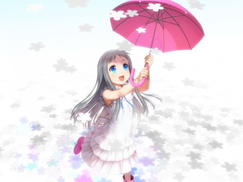 My Pink Umbrella, ano hi mita hana no namae wo bokutachi wa mada shiranai, dress, gray hair, umbrella, honma meiko, anime, blue eyes, long hair, pink, HD wallpaper