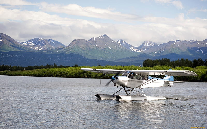 Seaplane in the Lake, plane, seaplane, lake, mountains, HD wallpaper