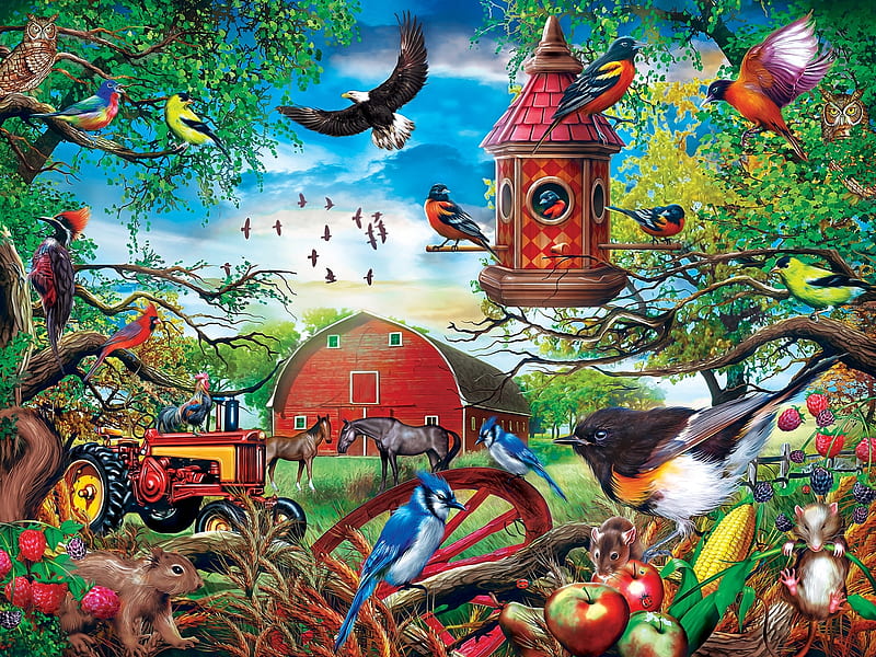 Farmland Frolic, mouse, birds, eagle, wheel, artwork, barn, tractor, squirrel, birds house, painting, HD wallpaper