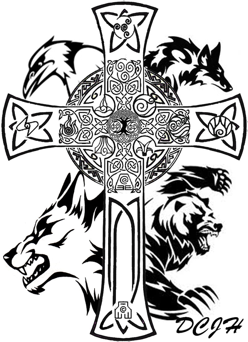 DCJH Tattoo, bear, black, celtic, cross, fox, raven, tree of life, white,  wolf, HD phone wallpaper | Peakpx