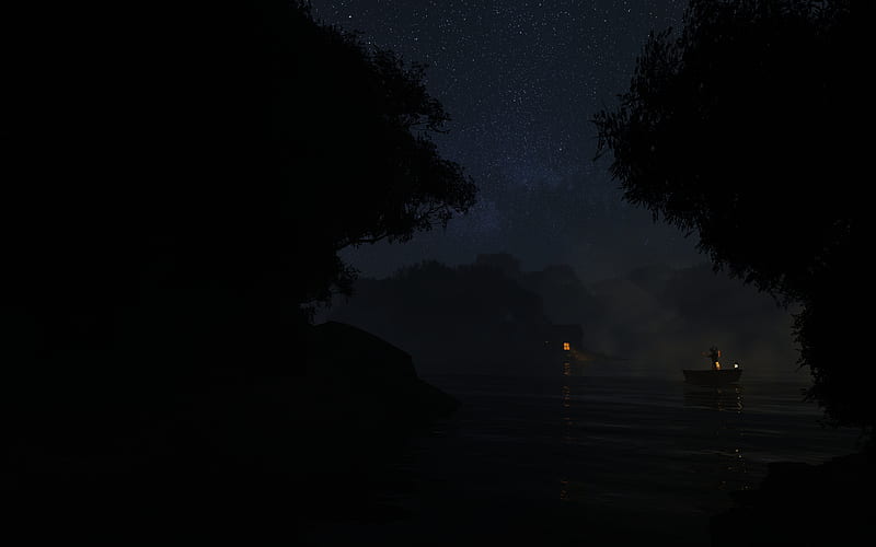 river, boat, night, dark, fog, HD wallpaper