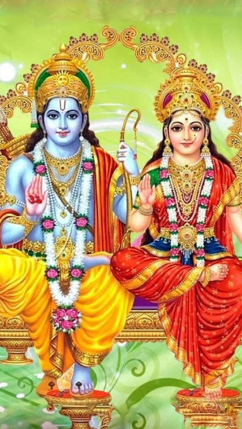 Shri Ram Janki, ram janki in green, lord, god, HD phone wallpaper