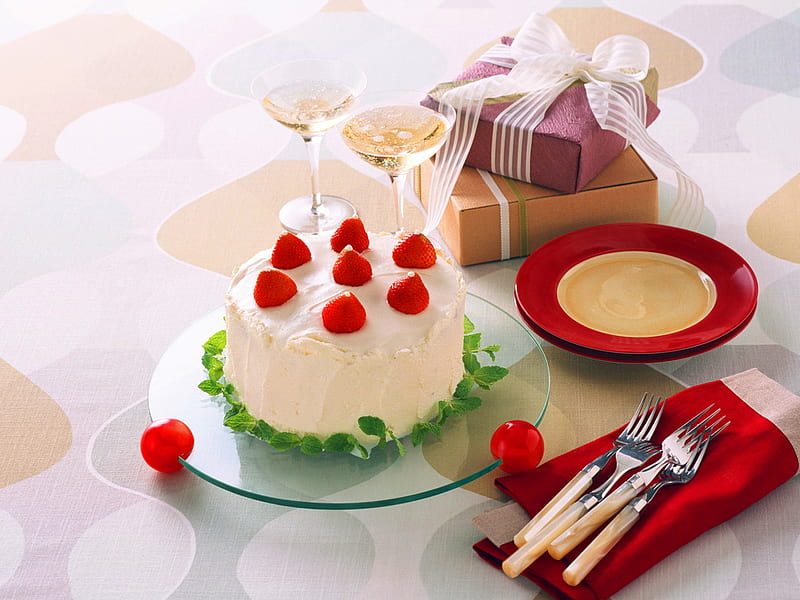 To Celebrate Canada Day, cake, red and white, wine, cutlery, plates, box, gift, strawberries, vanilla, HD wallpaper