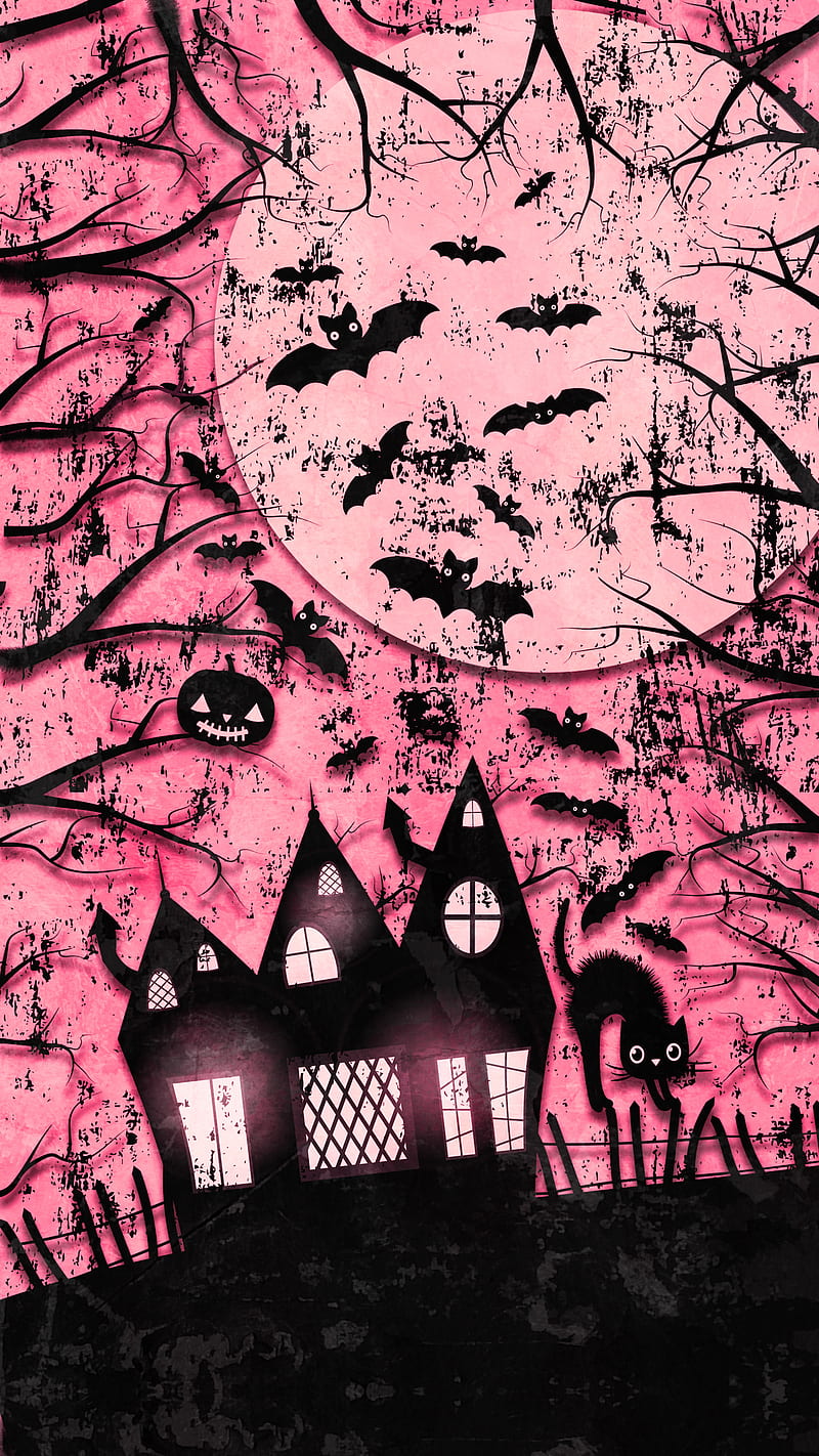 Pink Halloween Scene, Adoxali, October, autumn, background, bat, black, castle, cat, color, creepy, day of the dead, evil, fence, flying, fright, glowing, haunted, horror, house, illustration, light, lit, mansion, moon, night, party, pumpkin, scary, spooky, treat, tree, trick, watercolor, HD phone wallpaper