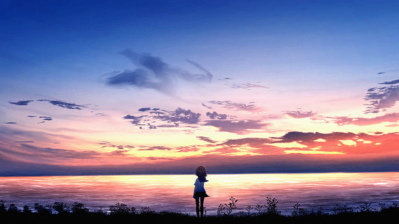girl, silhouette, sea, dusk, horizon, HD wallpaper