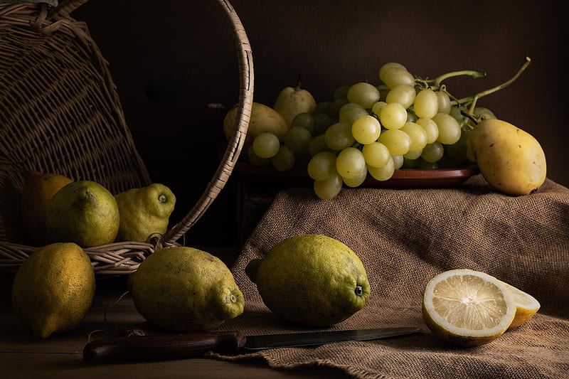 Food, Still Life, Basket, Fruit, Grapes, Lemon, Pear, HD wallpaper