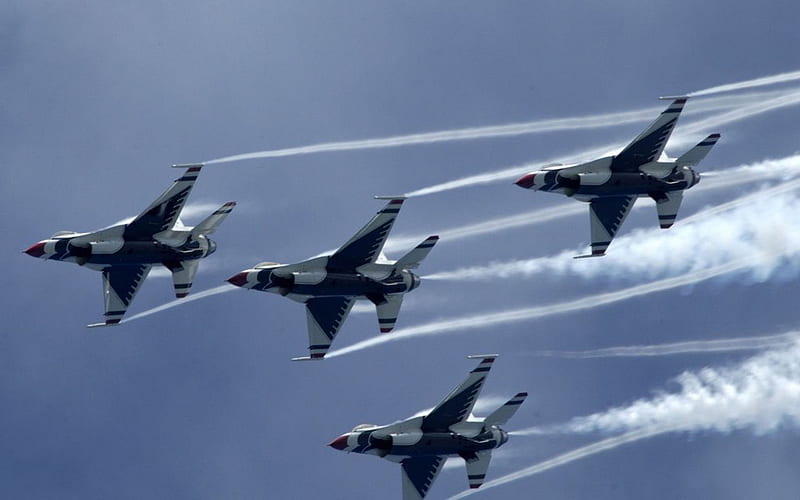 Thunderbirds F-16, thunderbirds, rocket, aircraft, military, planes, bombs, f-16, HD wallpaper