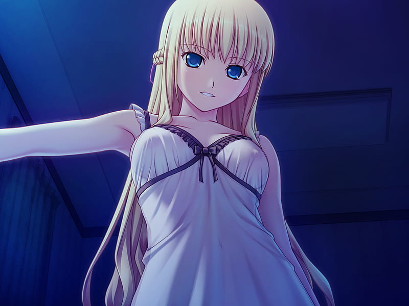 come closer, girl, anime, hot, blonde hair, smile, wihte nightdress, sexy, blue eyes, HD wallpaper