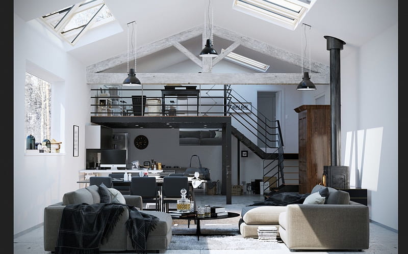 A Lovely Loft, lovely, loft, stairs, interior design, skylights, livingroom, HD wallpaper