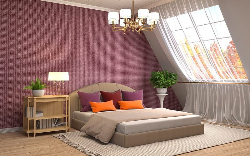 Bedroom, furniture, home, interior, lights, HD wallpaper