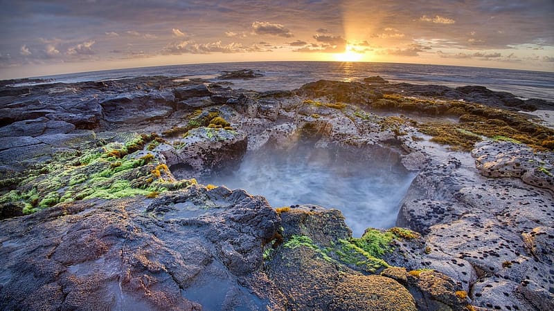 Sunset at Pele’s Well, a lava tube at WawaLoli Beach, Hawaii, sky, water, sea, colors, clouds, usa, HD wallpaper