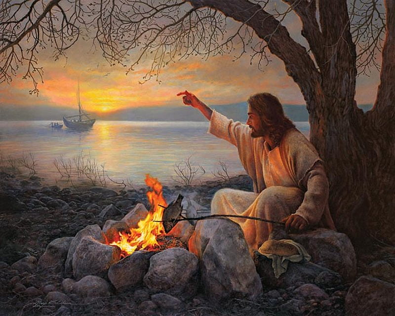 Jesus prepares a fish, christianity, fish, jesus christ, religion, god, HD wallpaper